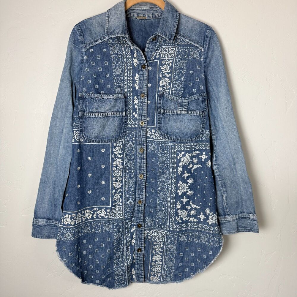Free People Paisley Print Mixed Denim Tunic Raw Hem Boho Western Shacket Size S